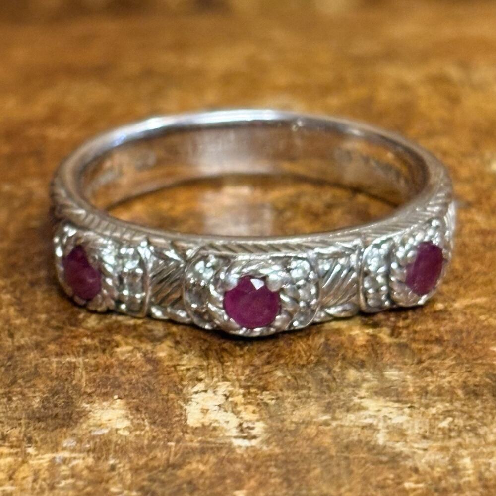 Judith Ripka Ring Size 11 Sterling Silver, Ruby and CZ Station Band